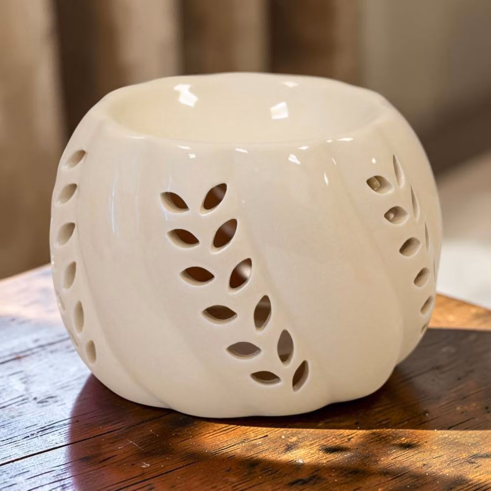 Four Candle Beige Ceramic Wax Burner with Leaf Detail, Height: 14 cm – 2