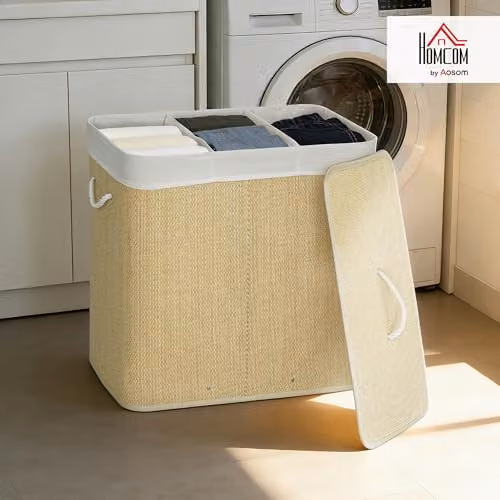 HOMCOM 2 Section Laundry Hamper with Lid and Removable Bags, White – 2