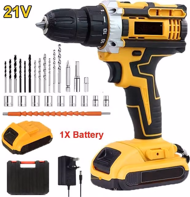 Nordara 21V Cordless Drill Combi Driver and Electric Screwdriver Set with Rechargeable Battery, Yellow
