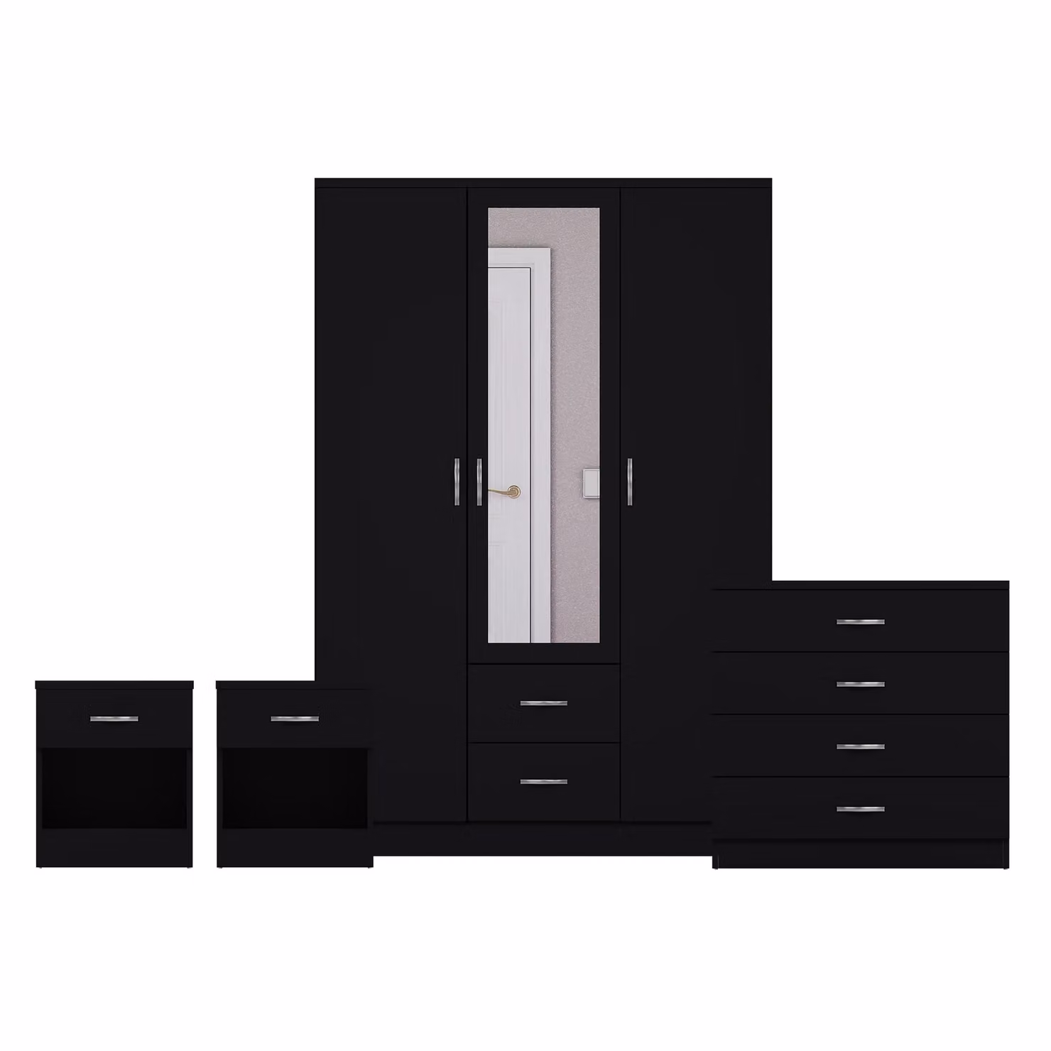 Vida Designs 4 Piece Modern Black Bedroom Set Including 2 Bedside Tables, 4 Drawer Chest and Mirror Wardrobe – 2