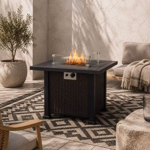 Wyld Haus Tafiyo Square Propane Gas Fire Pit Table in Black and Brown Rattan Effect