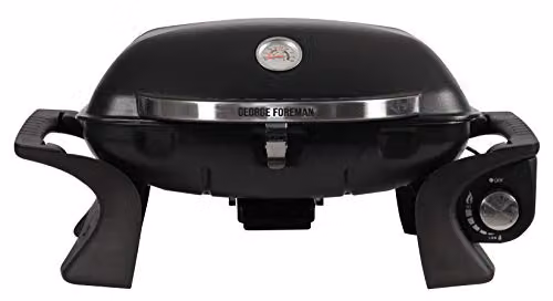George Foreman Portable Tabletop Gas BBQ with Integrated Thermometer and Piezo Ignition, Black Steel Body, GFSBBQ1 – 3