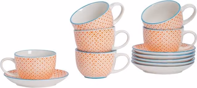 Nicola Spring 24 Piece Floral Hand-Printed Cappuccino Cup and Saucer Set in Orange