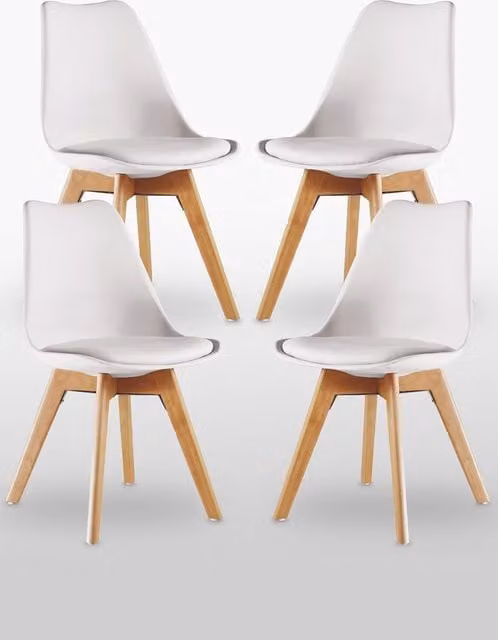 Life Interiors Tulip Dining Chairs Set of 4, White Synthetic Leather with Beech Wood Legs