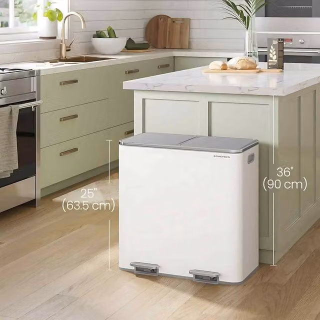 The Bazaarist Double Kitchen Recycling Bin with Soft Close Pedal and Removable Inner Buckets, White and Grey – 1