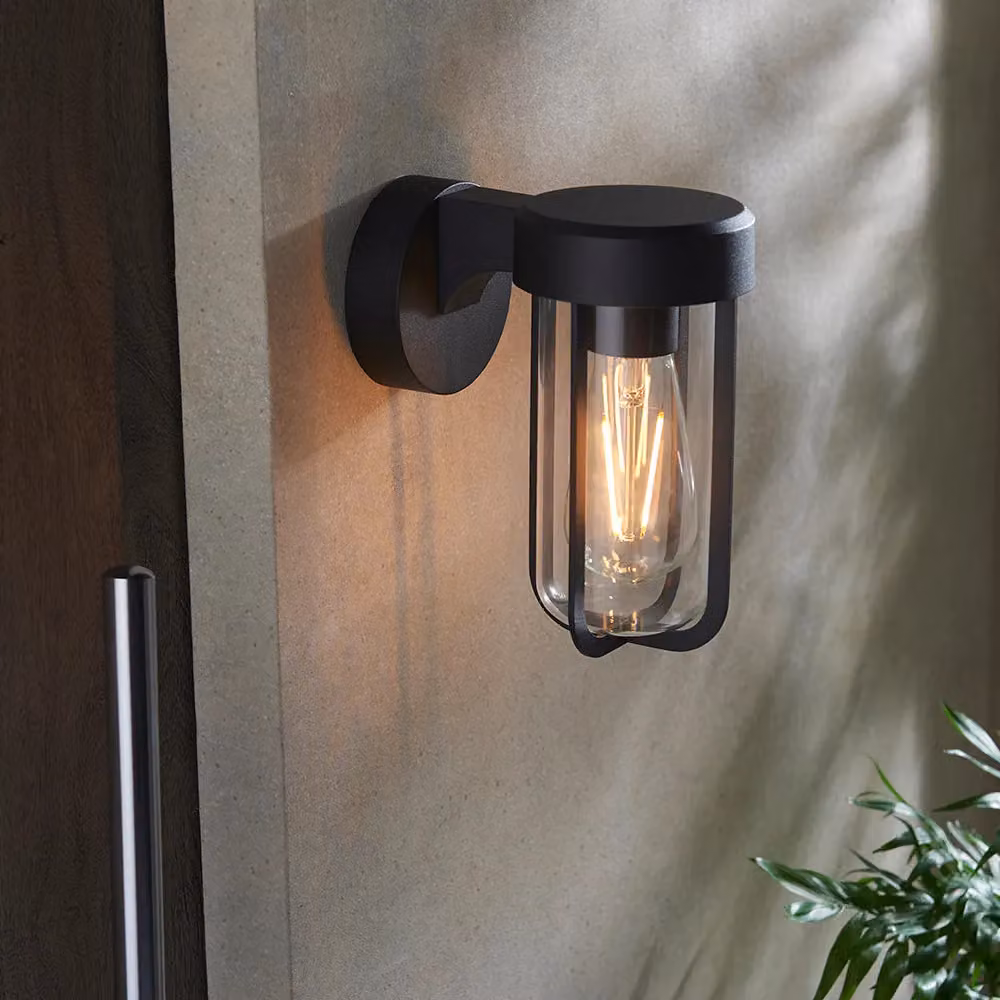 Loops Matt Black Outdoor Wall Light with Transparent Glass Shade, IP44 Rated, LED Compatible – 3