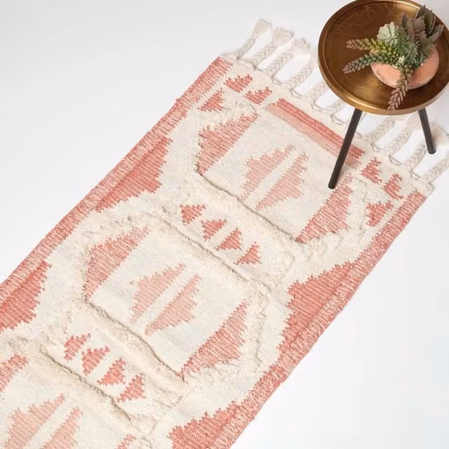 Homescapes Pink Boho Kilim Wool and Cotton Flat Weave Rug, Width: 200 cm