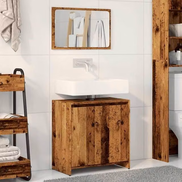 Berkfield Home 2 Piece Brown Wood Bathroom Furniture Set with Vanity Unit and Mirror Cabinet – 1
