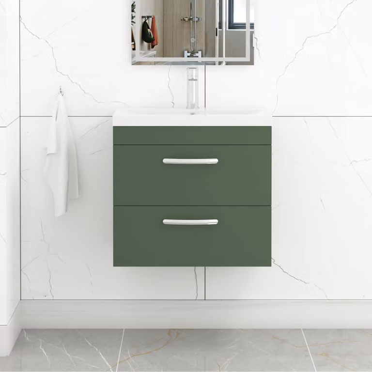 Royal Bathrooms Turin Wall Hung Vanity Unit with Mid-Edge Basin, Matt Green, Width: 60 cm