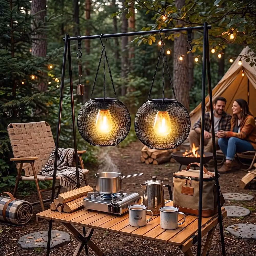NESTLUNE Set of 2 Solar Powered LED Hanging Lantern Lights in Black Metal with Warm White Vintage Glow – 2