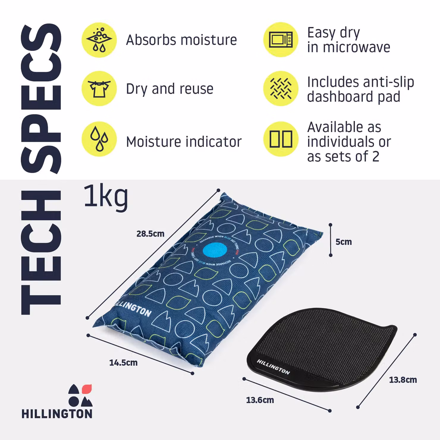 Hillington Reusable Car Dehumidifier 2-Pack, 1kg Moisture Absorbers in Blue with Anti-Slip Mats – 8