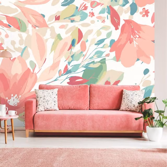 Origin Murals Flowing Flowers Floral Textile in Coral Pink, Medium