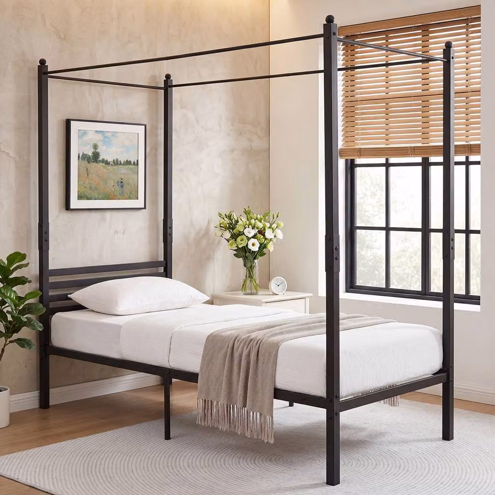 Costway Single Size Metal Canopy Bed Frame with Headboard in Black, W/D/H: 140 x 200 cm – 2