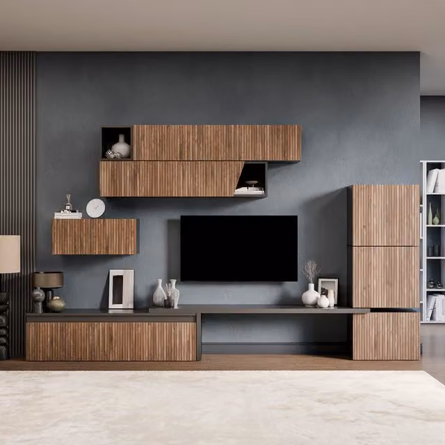 Decorotika Ceko Modern Wall Mounted Entertainment Center in Black and Brown with Geometric Alina Pattern