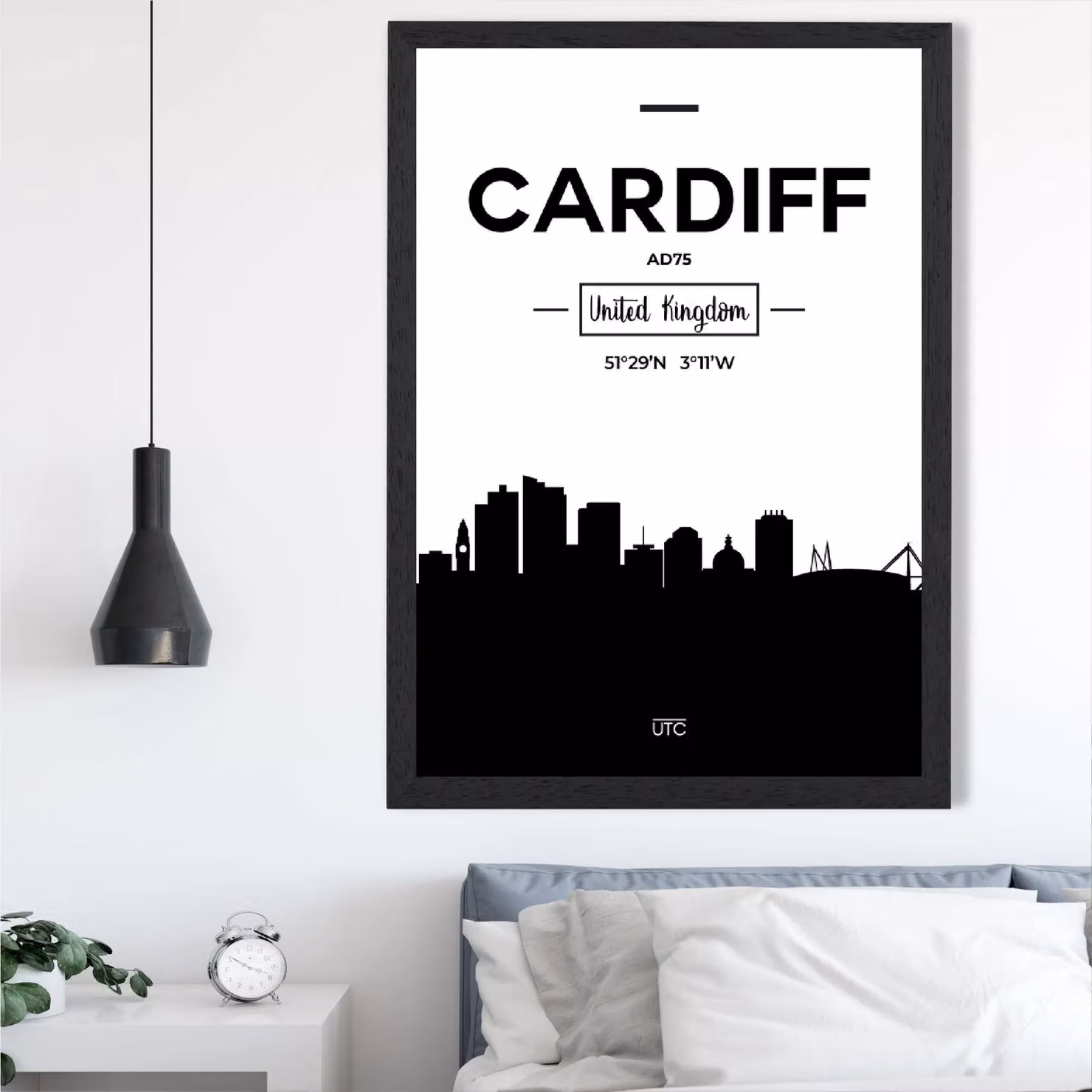 ARTZE Cardiff Black and White City Skyline Framed Print – 2