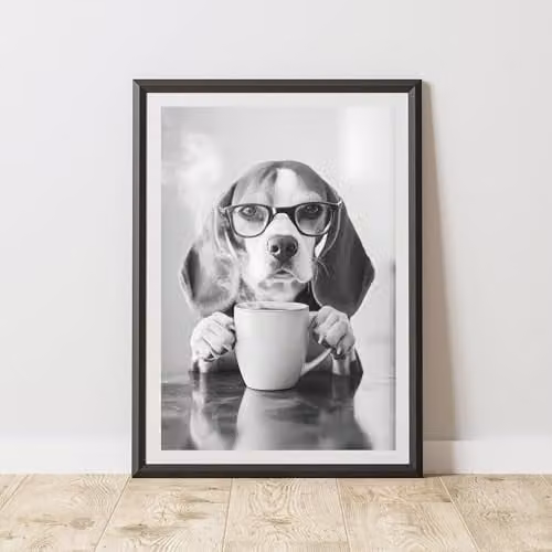 60 Second Makeover Funny Beagle Drinking Coffee Paper Poster, A4, Multicolour