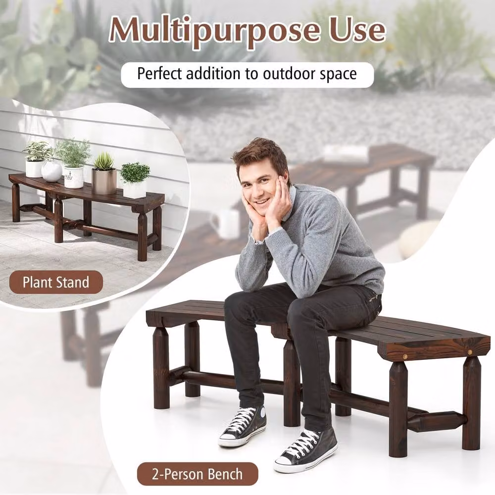 Gymax Brown Curved Pine Wood Patio Dining Bench for 2 Adults – 1