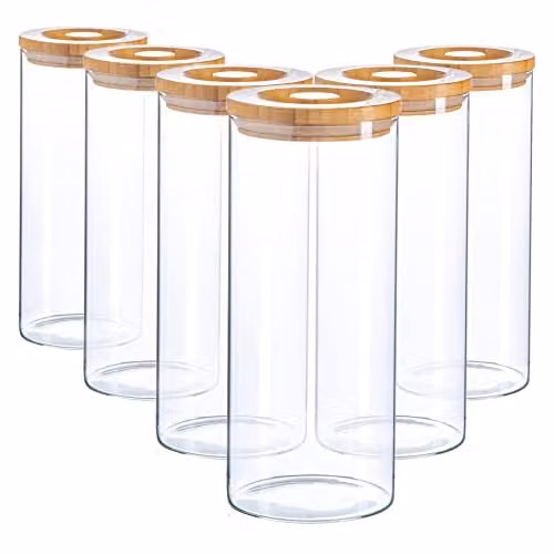 Argon Tableware Scandi Airtight Glass Storage Jars with Wooden Lids, 1.5 l, 6 Pack, Transparent