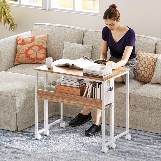 HOMCOM Folding Computer Desk with Open Shelf, Storage Bag and Castors in Brown and Beige Wood Finish