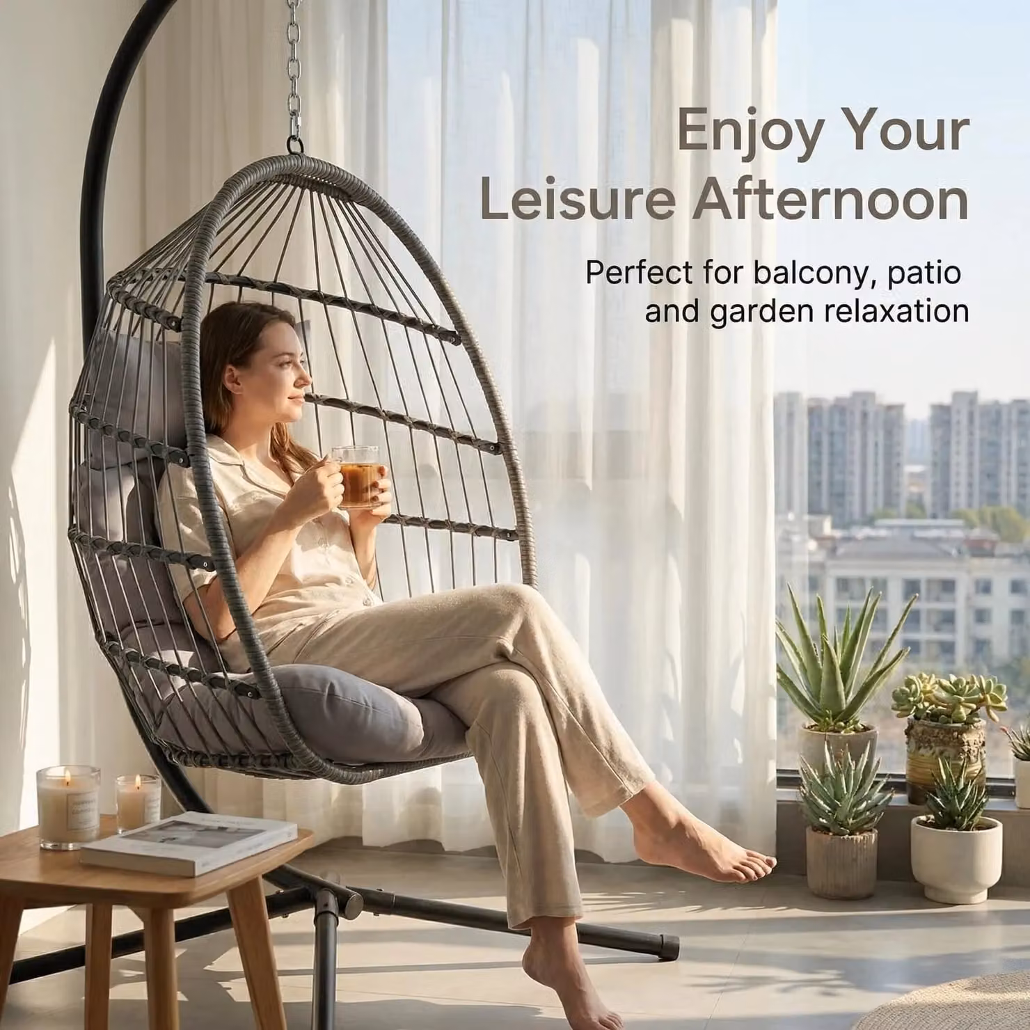 Alivio Grey Hanging Egg Chair with Stand, Weather-Resistant Rattan Swing Chair with Cushions for Indoor and Outdoor Use – 3