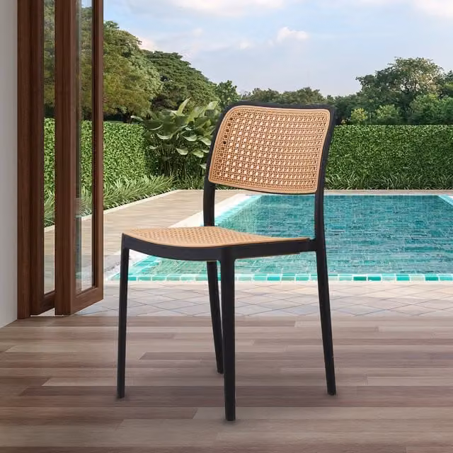 Fusion Living Black Matt Plastic and Rattan Retro Stackable Dining Chair