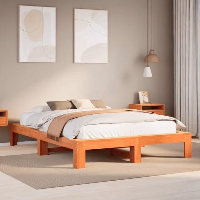 Berkfield Home Rustic Solid Wood Pine Bed Frame, Wax Brown, W/D/H: 140 x 200 cm