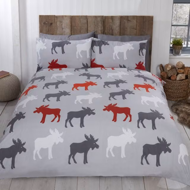 Rapport Home Moose Cotton Duvet Cover and Pillowcase Set in Grey and Red, W: 140 cm, H: 200 cm