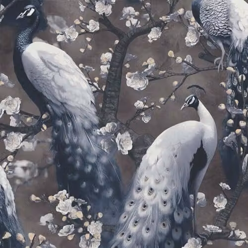 Erismann Abode Play of Light Peacock Black Art Nouveau Wallpaper with Animal Pattern in Brown, Grey and Black