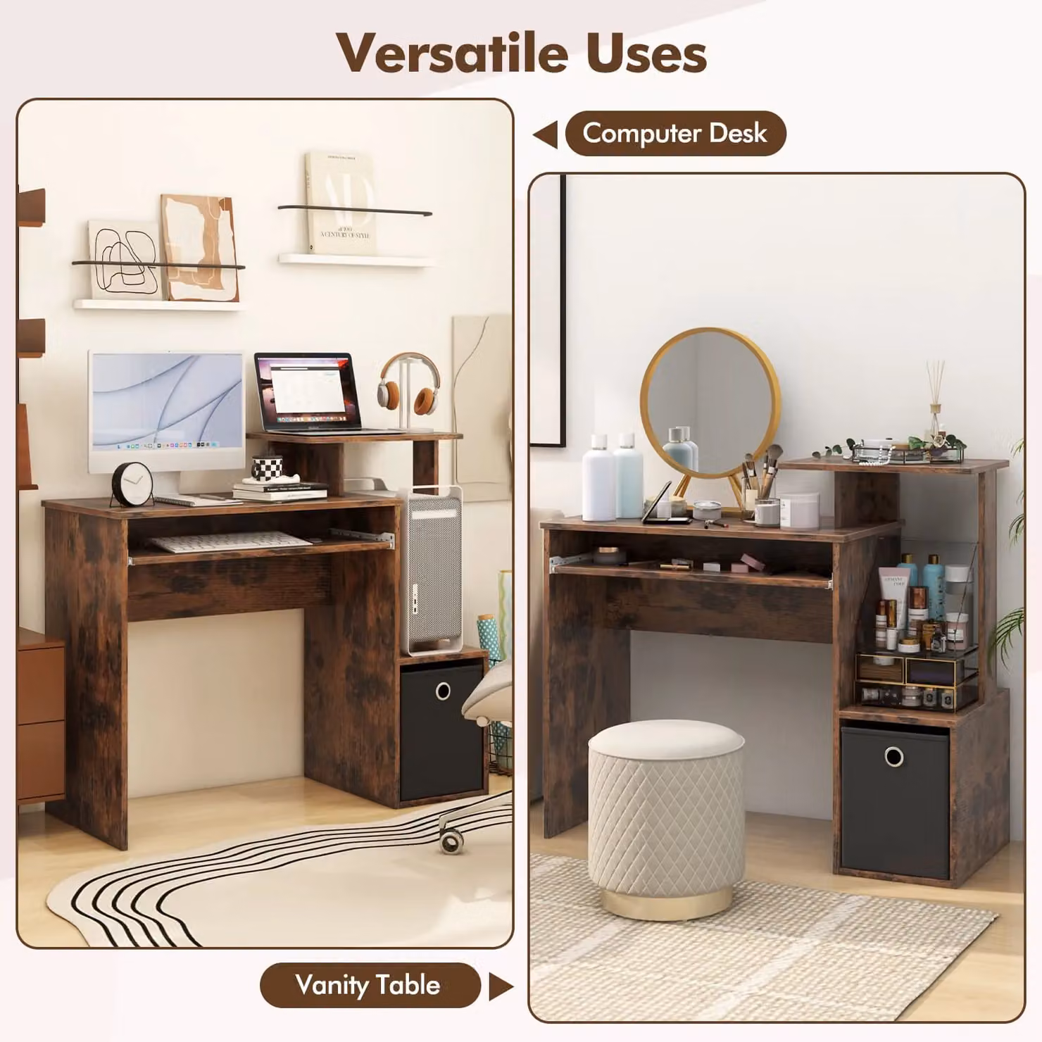 Costway Brown Computer Desk with Open Shelf and Fabric Storage Drawer – 5
