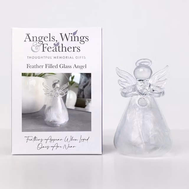 Transparent Glass Angel Memorial Ornament with White Feathers for Condolence and Tabletop Display