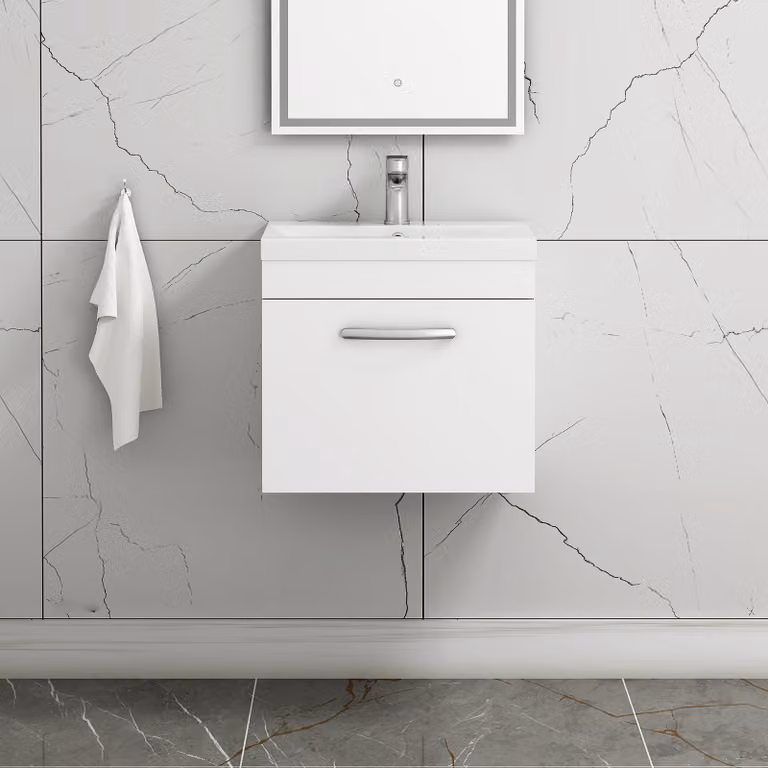 Royal Bathrooms Turin Wall Mounted 1 Drawer Vanity Unit in White Glossy MDF