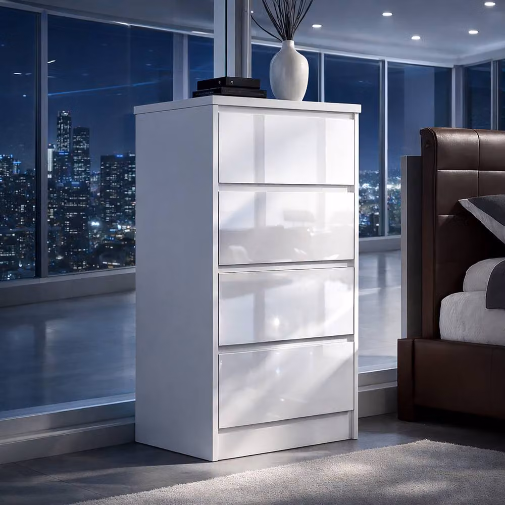 Harmin Handleless High Gloss 4 Drawer White Chest of Drawers H: 99 cm, W: 40 cm – 2