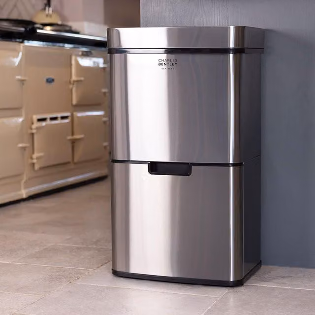 Charles Bentley Triple Compartment 62L Sensor Bin in Silver, H 74.5 x W 42 x D 31.5 cm