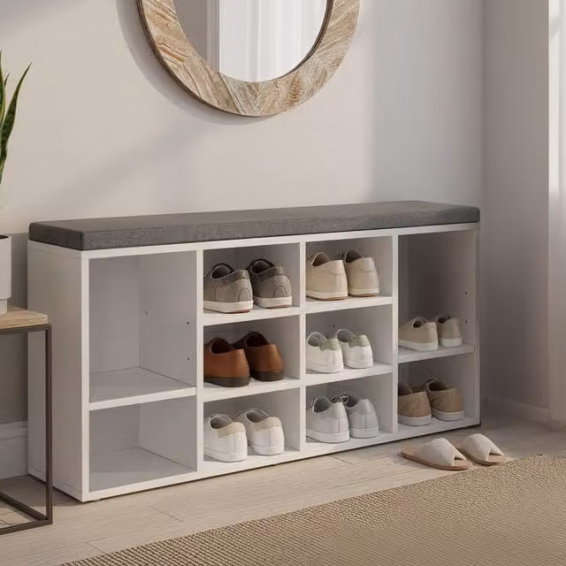 VASAGLE Shoe Bench with Cushion and Storage Compartments in White and Oak Finish