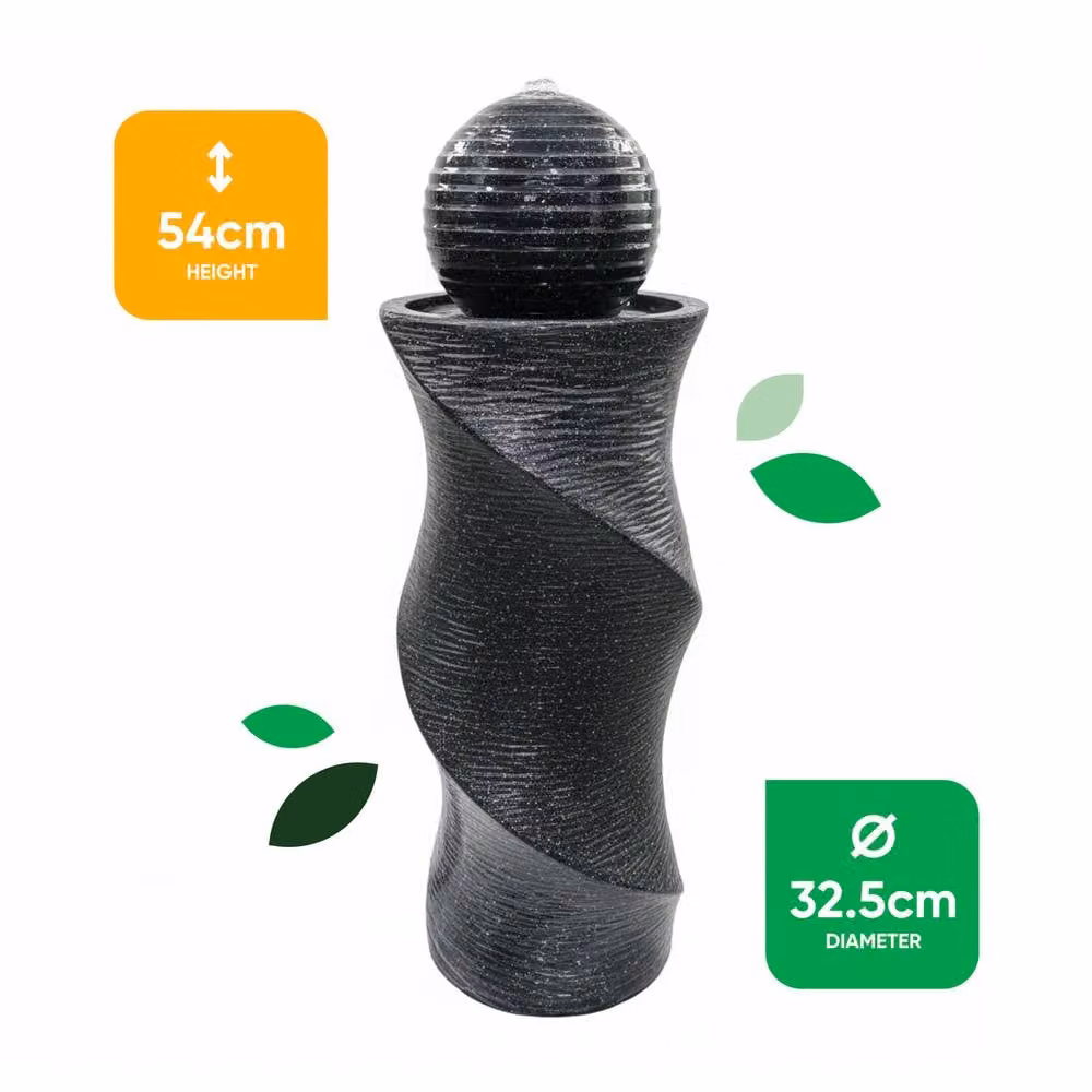 Gardenwize Solar Twisted Ball Water Feature with Warm White LED Lights and Battery Backup in Dark Grey, H 74.5 cm x W 27 cm x D 27 cm – 2