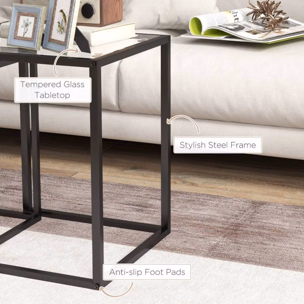 STILVORA Set of 2 Modern Square Nesting Side Tables with Glass Tops and Black Steel Frames – 2