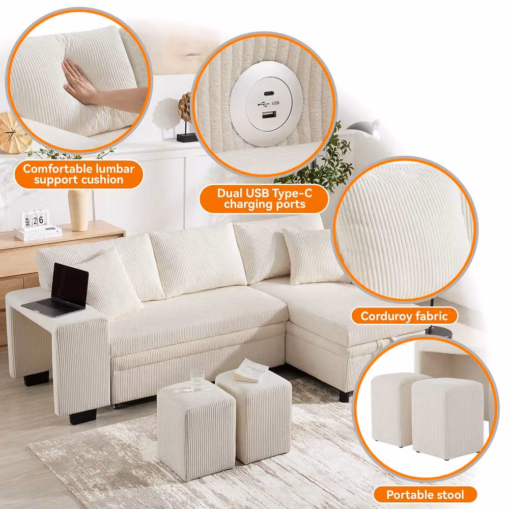 FENCHILIN L-Shaped Pull-out Sofa Bed with Reversible Chaise, 2 Ottomans and USB Charging, Beige – 3