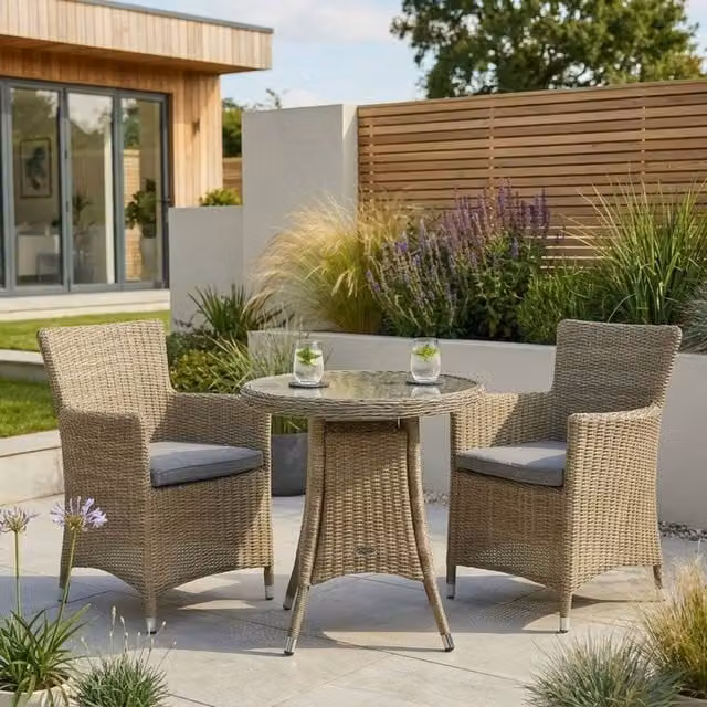 Royalcraft Wentworth Bistro Set with 2 Carver Chairs, 70cm Round Polyrattan Table with Glass Top in Beige – 1