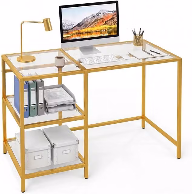 Gymax Modern Writing Desk with Transparent Tempered Glass Top and Gold Metal Frame