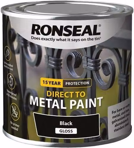 Ronseal Direct to Metal Water Based Paint in Black Gloss, 250ml – 2