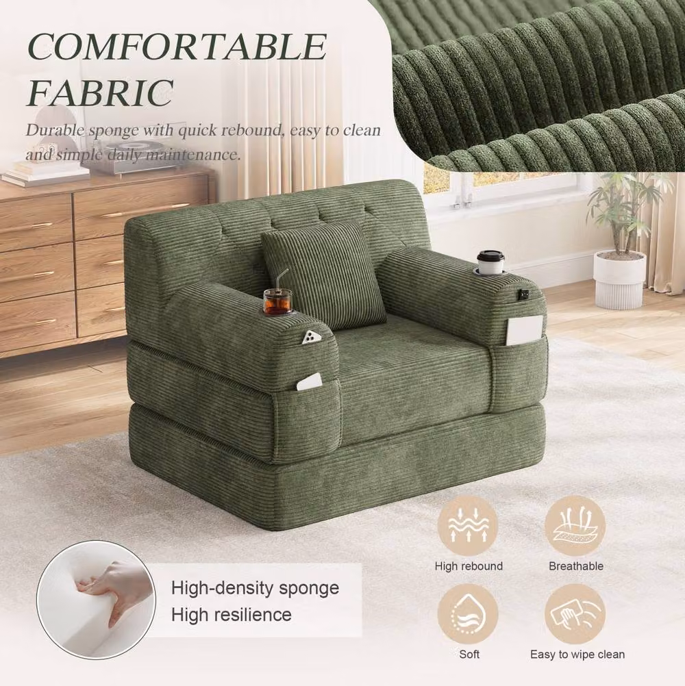 STILVORA Green 1-Seater Sleeper Sofa with Storage Pockets, Cup Holders and Armrests – 7