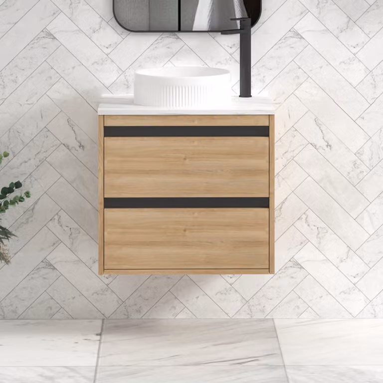 Royal Bathrooms Orion 800mm Natural Oak Wall Hung 2 Drawer Vanity Unit with Round Basin and Black Accent Trim
