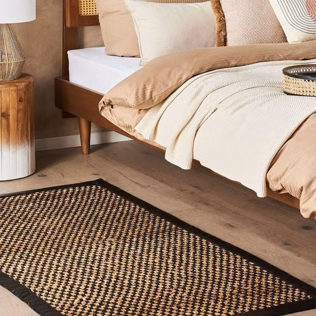 Wyld and Coco Handwoven Jute and Cotton Checkerboard Rug in Black and Beige with Leather Accents, W: 80 cm, L: 150 cm