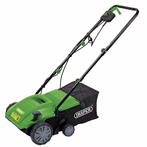Draper 1500W 2-in-1 Electric Lawn Aerator and Scarifier in Green with 30L Grass Collection Bag and 320mm Working Width