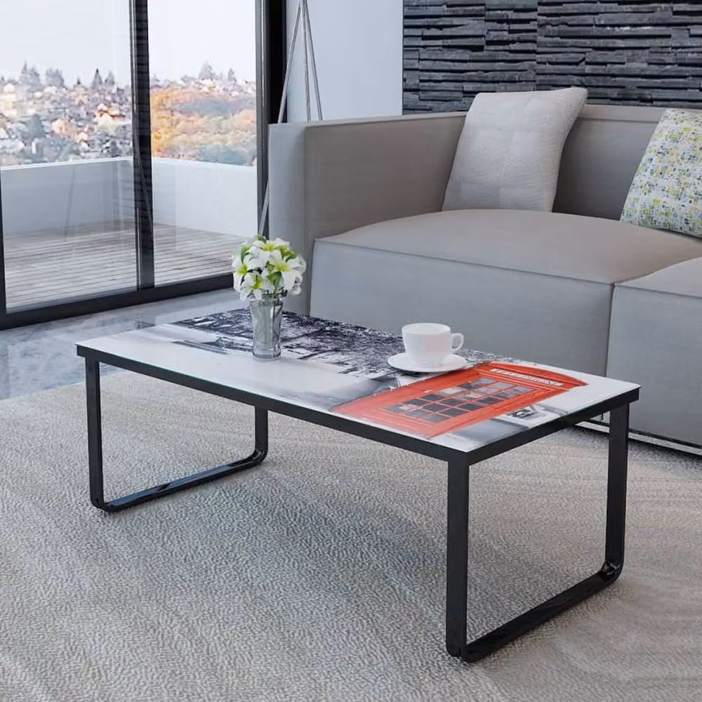 Berkfield Home Modern Rectangular Coffee Table with Telephone Booth Printing Glass Top in Black and Multicolour – 3