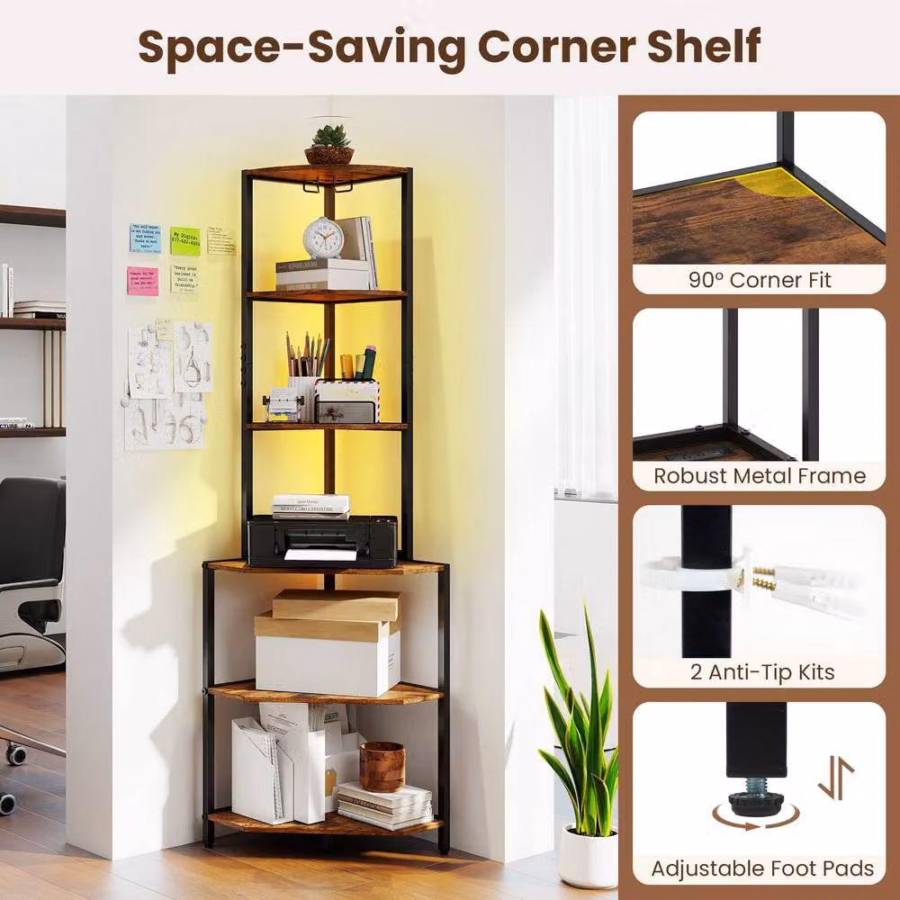 Costway Wooden Corner Shelf with Storage Shelves in Brown – 7