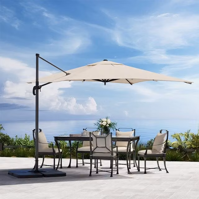 Komore 360-degree Rotating Square Cantilever Parasol with 4-Piece Base in Beige