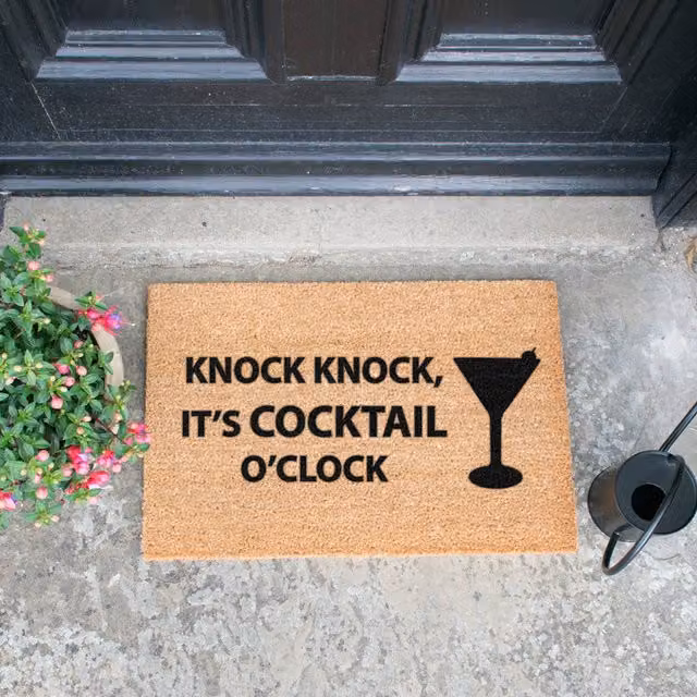Artsy Mats Knock Knock It's Cocktail O'Clock Brown Coir and Natural Rubber Non-Slip Weatherproof Rectangular Doormat