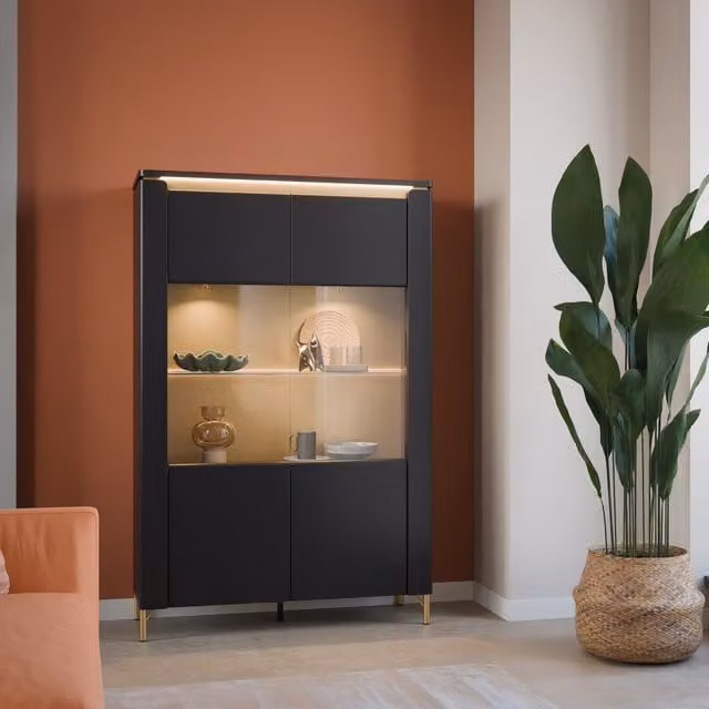Furniture To Go Genoa Modern Black and Gold Display Cabinet with Glass Doors and Integrated Lighting