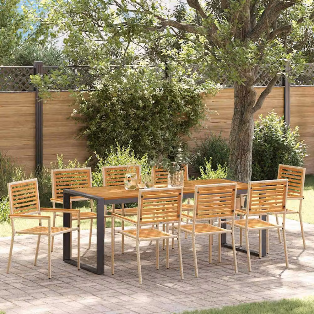 Berkfield Home 9 Piece Beige Poly Rattan and Acacia Garden Dining Set – 2